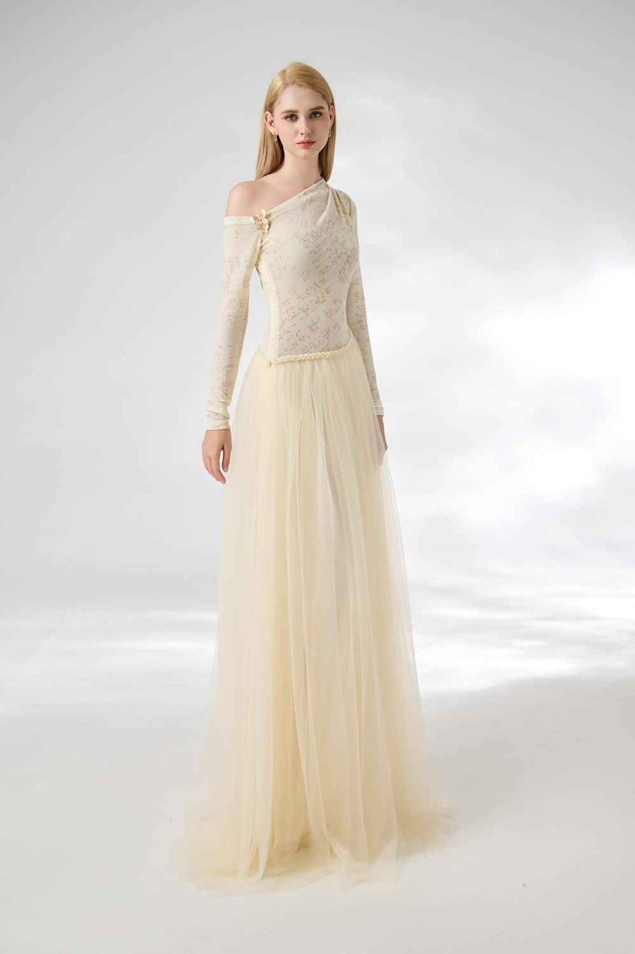 Huffman Gathered Asymmetric Sleeved Cotton Mesh Floor Length Dress