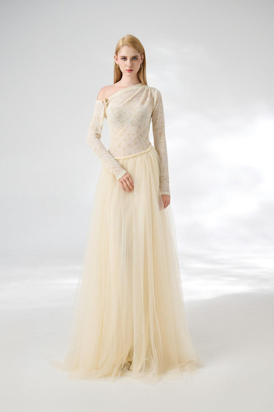 Huffman Gathered Asymmetric Sleeved Cotton Mesh Floor Length Dress 6