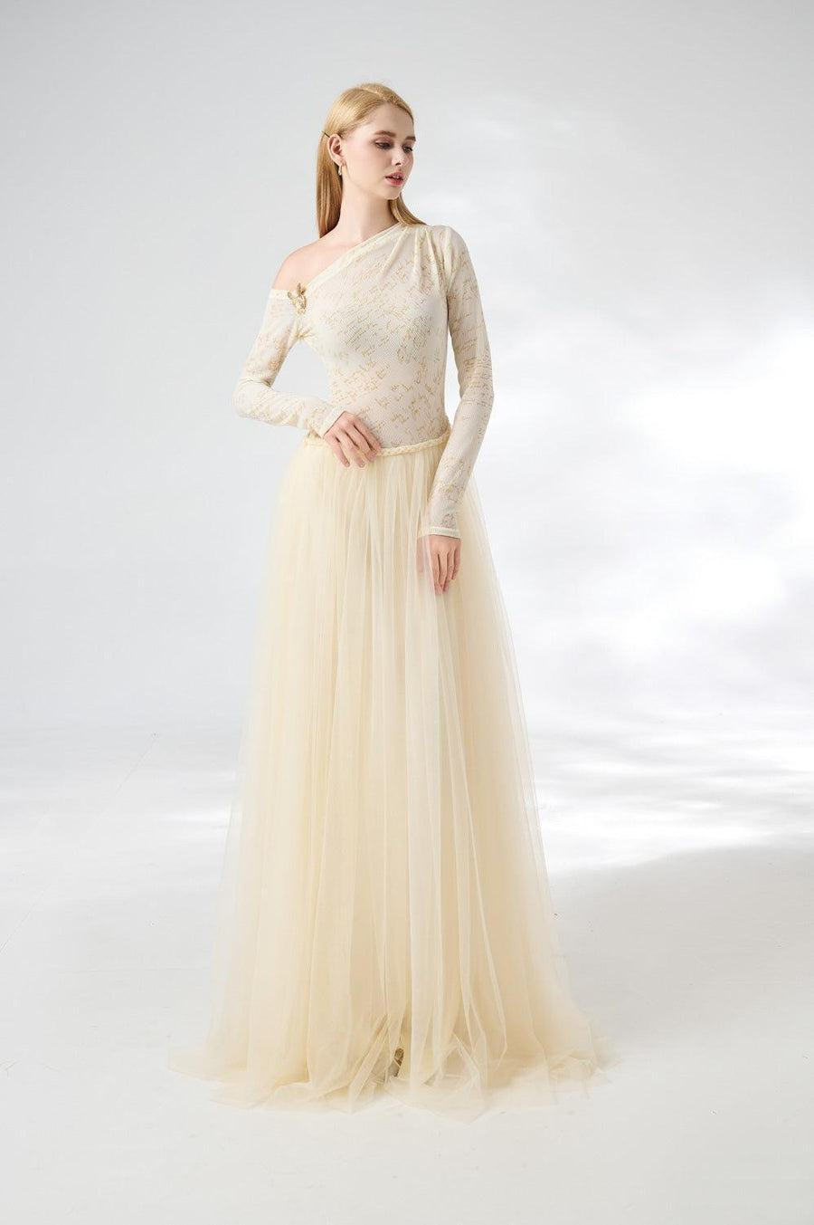 Huffman Gathered Asymmetric Sleeved Cotton Mesh Floor Length Dress 7