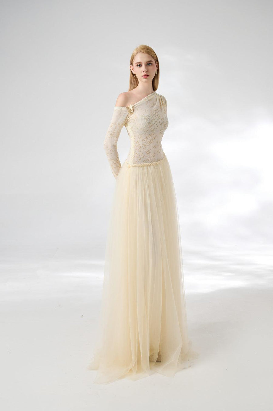Huffman Gathered Asymmetric Sleeved Cotton Mesh Floor Length Dress 8
