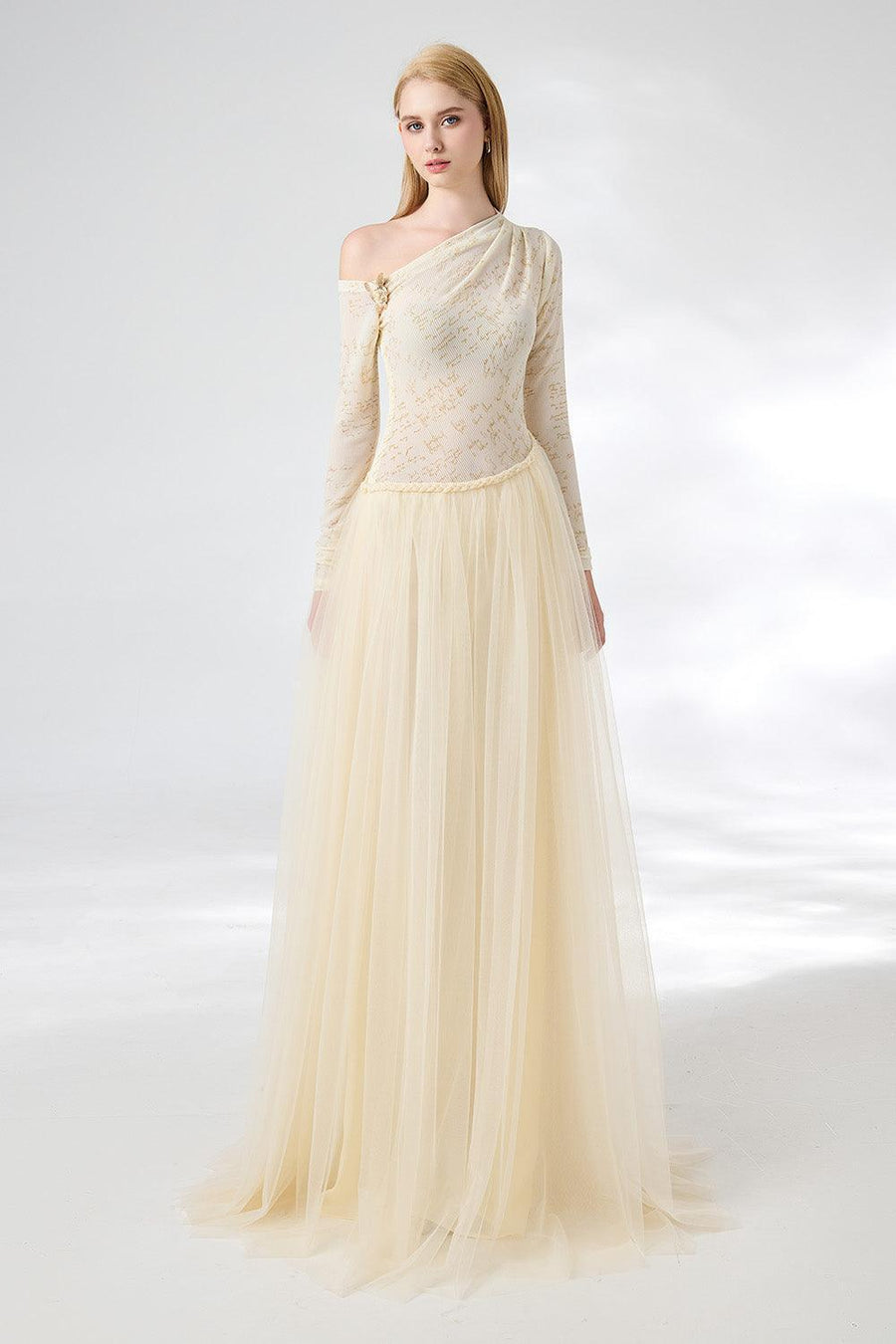 Huffman Gathered Asymmetric Sleeved Cotton Mesh Floor Length Dress 9
