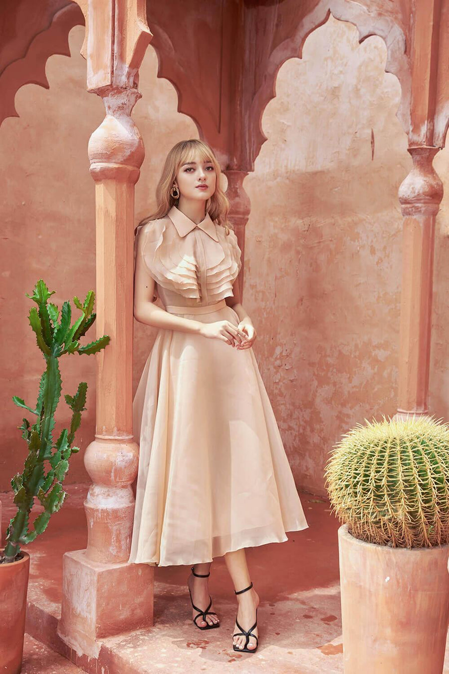 Ichigo Fit and Flare Collared Neck Organza Midi Dress 5