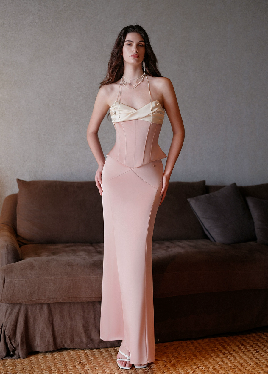 Mermaid satin patchwork fishbone corset slim fit fish tail half length long skirt set Set RESSALINA