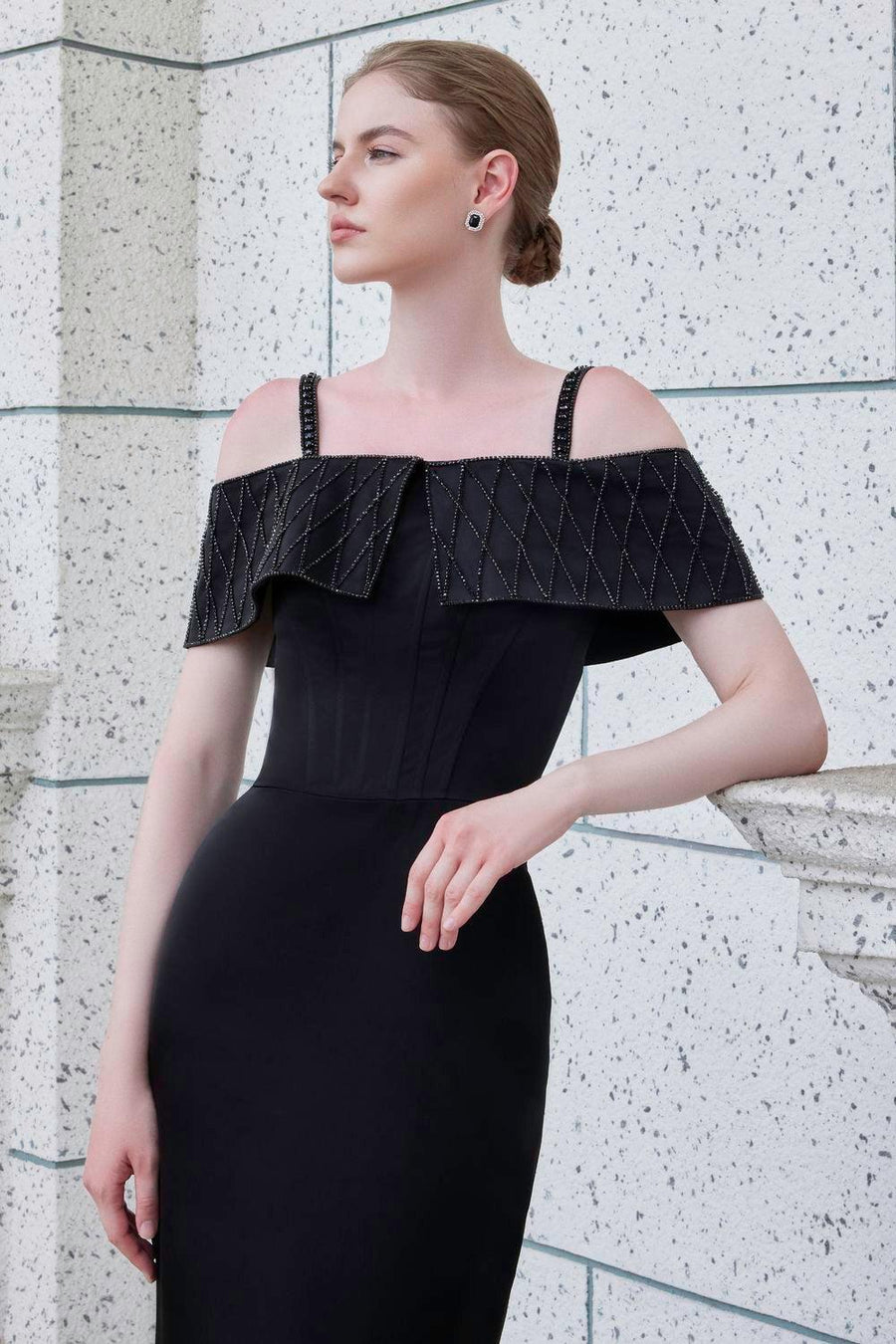 Immerse Sheath Cold Shoulder Sleeved Taffeta Silk Floor Length Dress Gown Dress I.H.F Atelier