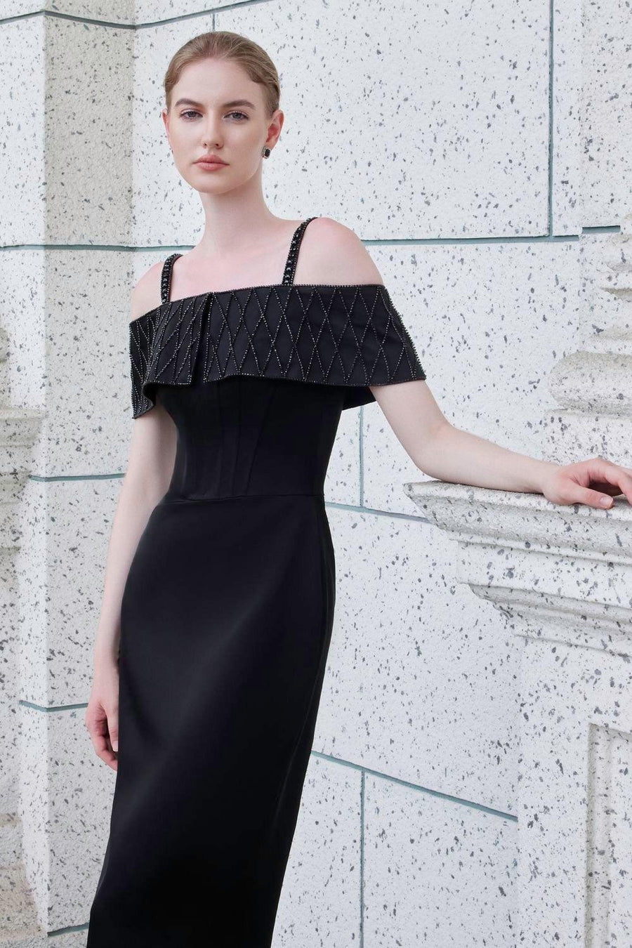 Immerse Sheath Cold Shoulder Sleeved Taffeta Silk Floor Length Dress Gown Dress I.H.F Atelier