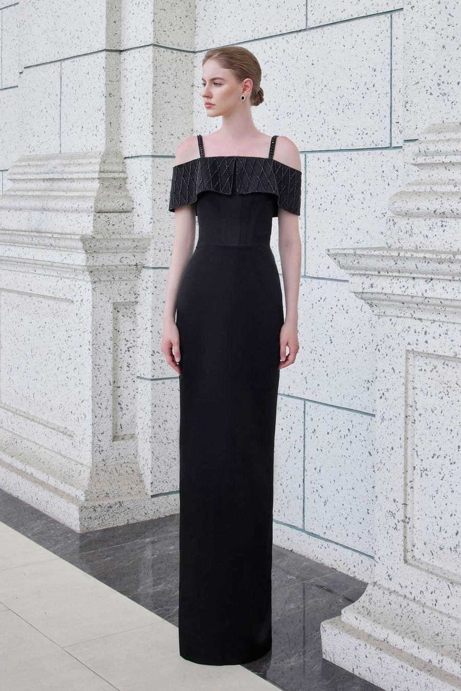 Immerse Sheath Cold Shoulder Sleeved Taffeta Silk Floor Length Dress Black Gown Dress I.H.F Atelier