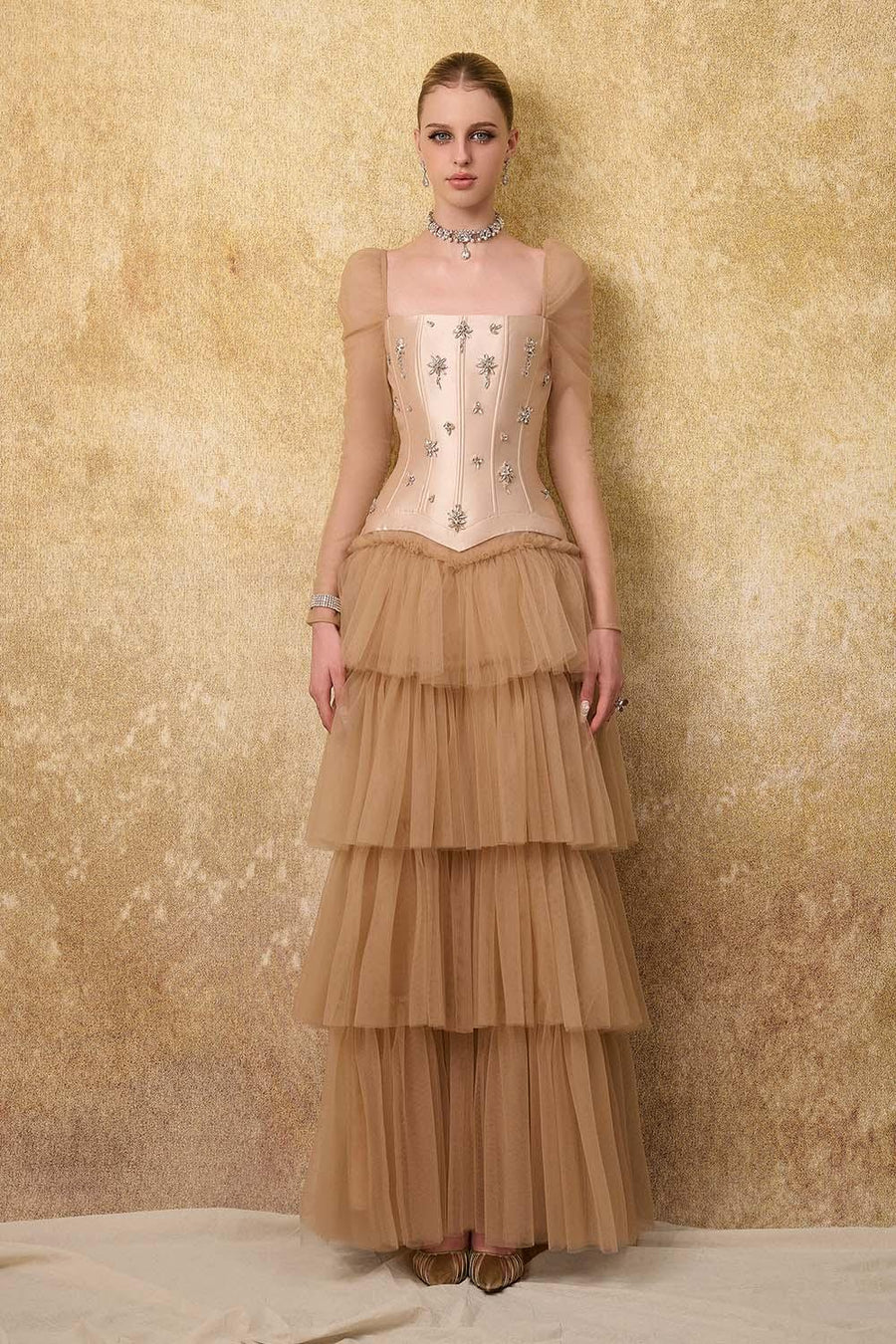 Imperium Layered Corset Waist Mesh Taffeta Maxi Dress Maxi Dress Calista de Minh Thanh