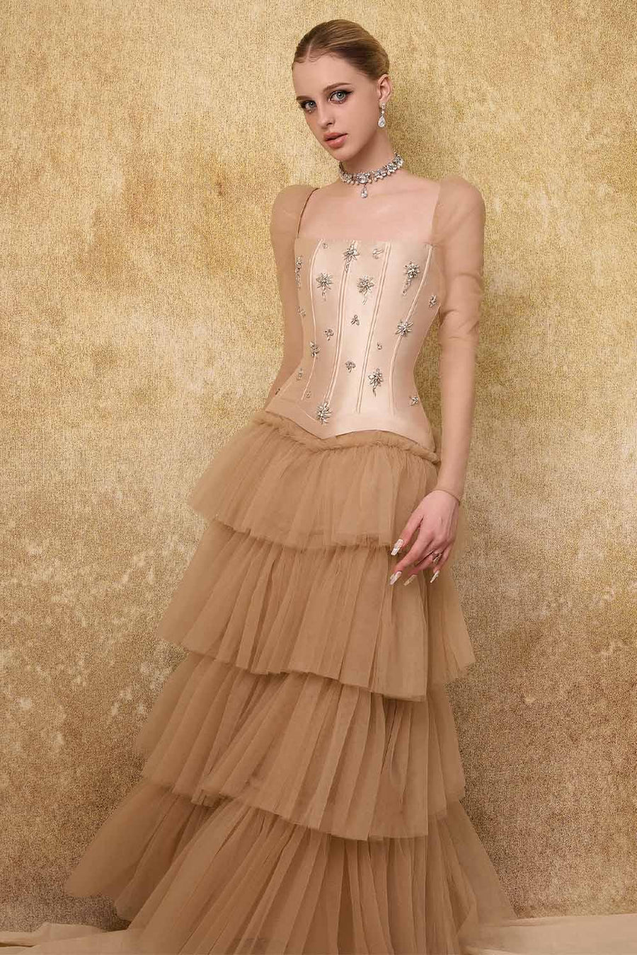 Imperium Layered Corset Waist Mesh Taffeta Maxi Dress Maxi Dress Calista de Minh Thanh