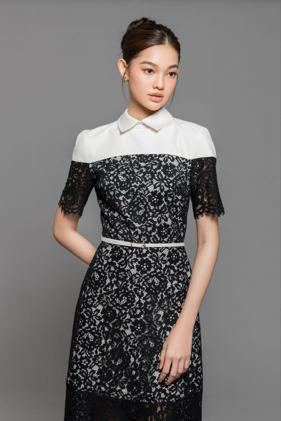 Indigo A-line Collared Neck Cotton Lace Ankle Length Dress