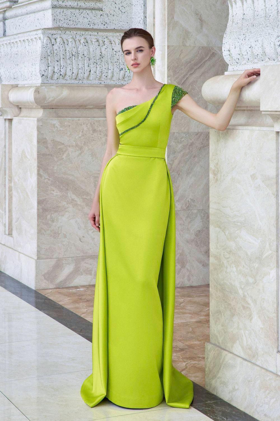 Intrigue Sheath One Shoulder Silk Floor Length Dress Lime Gown Dress I.H.F Atelier