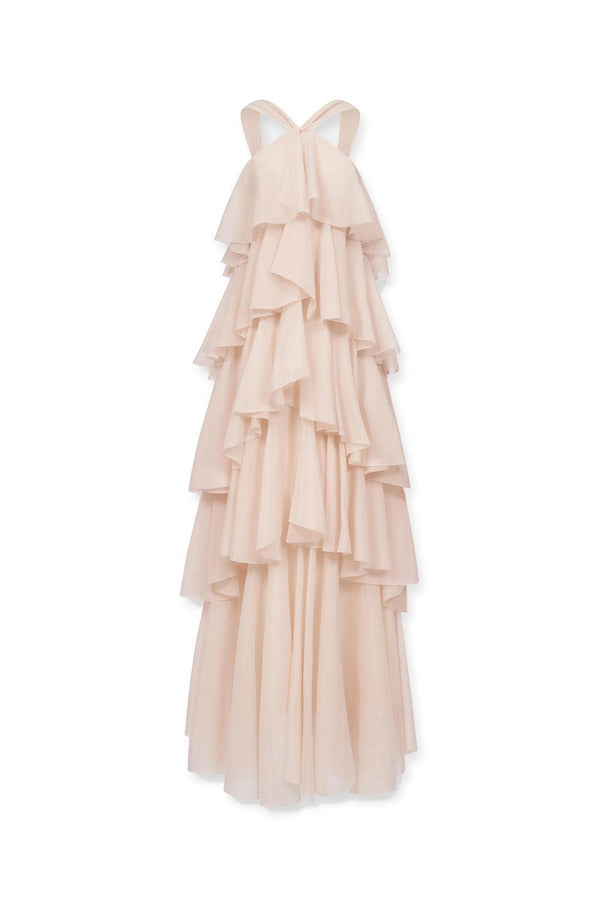 Irene Layered V-Neck Poly Organza Floor Length Dress