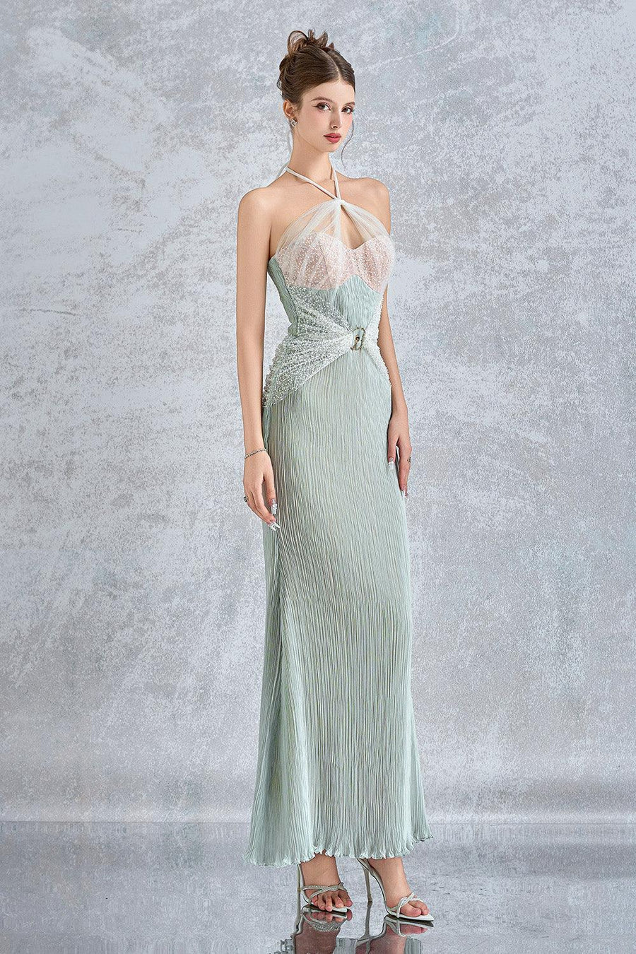 Iridella Halter Cut-Out Silk Lace Ankle Length Dress Maxi Dress Calista de Minh Thanh