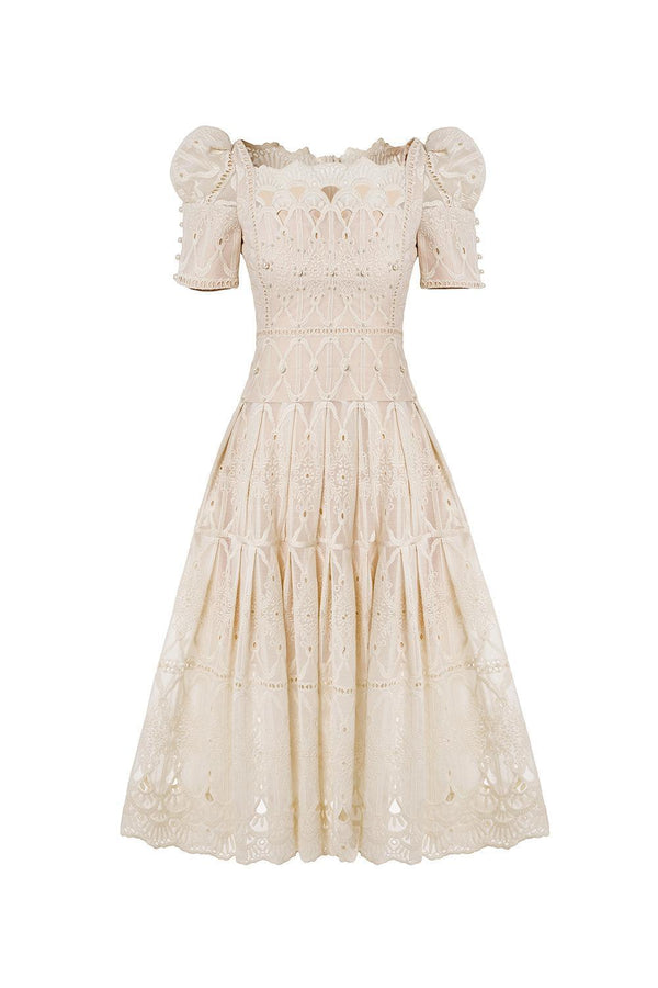 Isabella A-line Leg Of Mutton Sleeved Lace Midi Dress