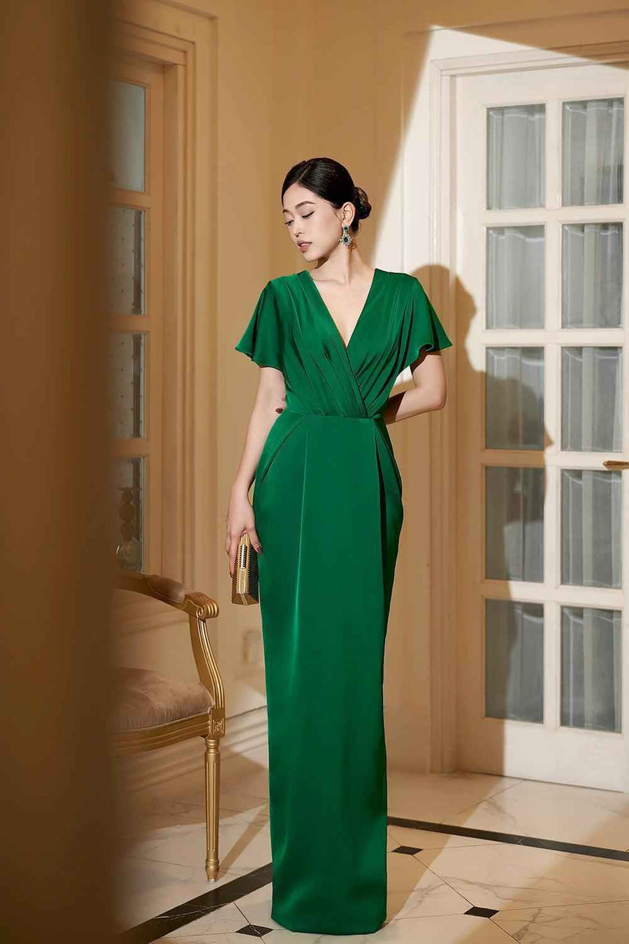 Isabella Pegged V-Neck Satin Maxi Dress