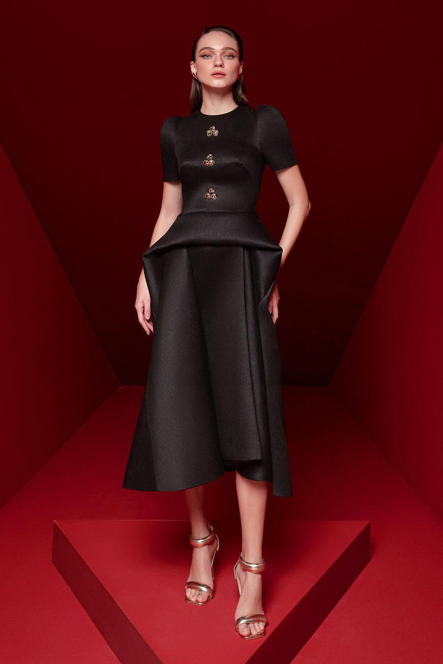 Isabella Peplum Puffy Sleeved Taffeta Midi Dress Midi Dress Pesty
