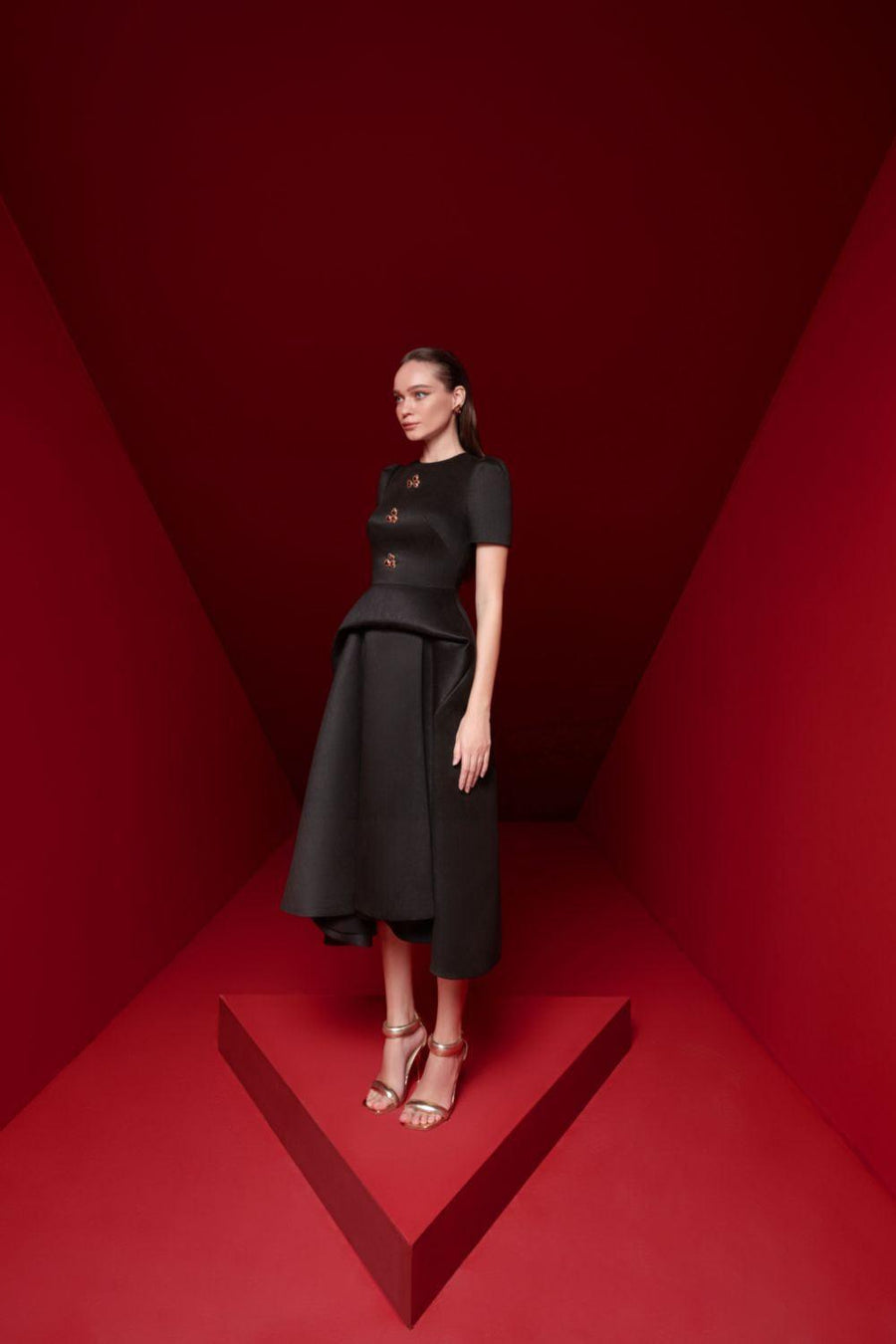 Isabella Peplum Puffy Sleeved Taffeta Midi Dress Midi Dress Pesty