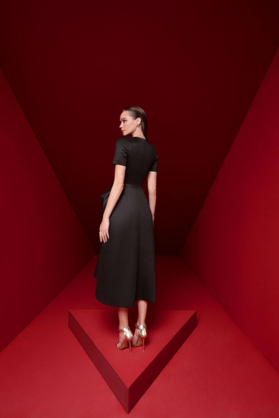 Isabella Peplum Puffy Sleeved Taffeta Midi Dress Midi Dress Pesty