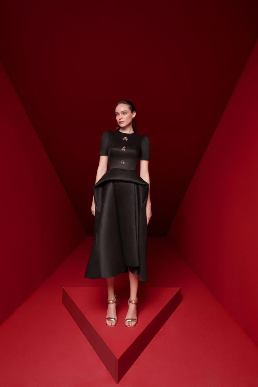Isabella Peplum Puffy Sleeved Taffeta Midi Dress Black Midi Dress Pesty