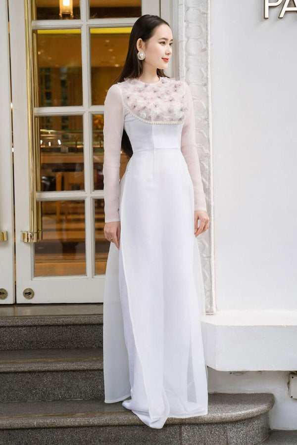 Isabelle Fitted Flower Applique Organza Long Length Ao Dai Set 1