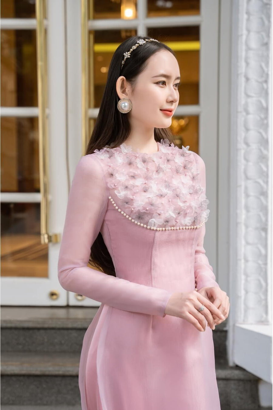 Isabelle Fitted Flower Applique Organza Long Length Ao Dai Set 10