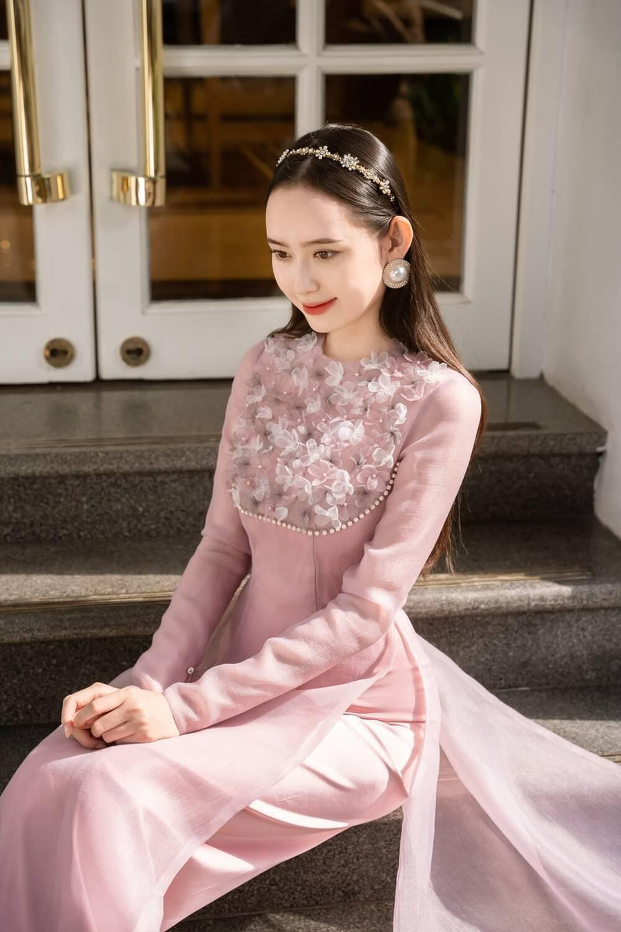Isabelle Fitted Flower Applique Organza Long Length Ao Dai Set 11