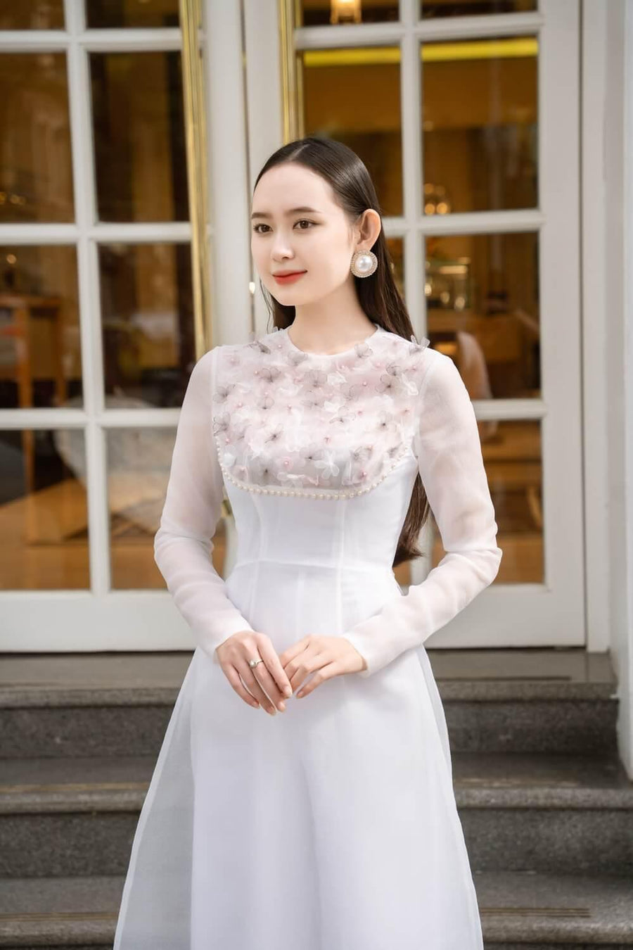 Isabelle Fitted Flower Applique Organza Long Length Ao Dai Set 3