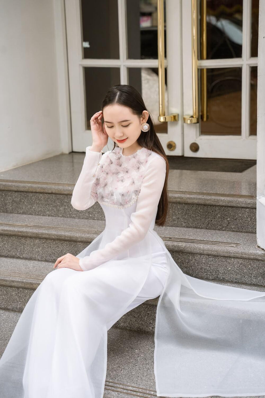 Isabelle Fitted Flower Applique Organza Long Length Ao Dai Set 4
