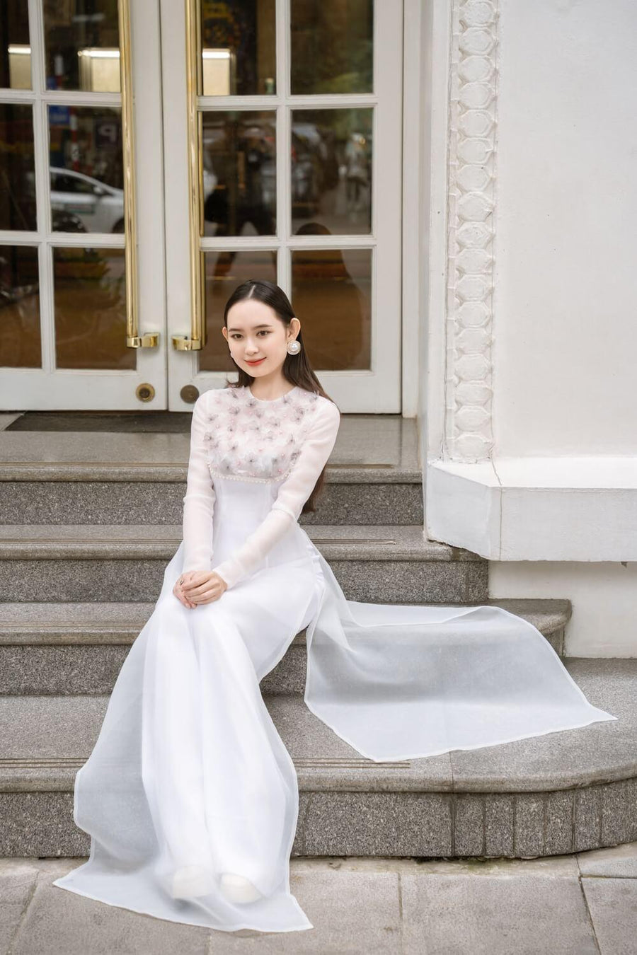 Isabelle Fitted Flower Applique Organza Long Length Ao Dai Set 5