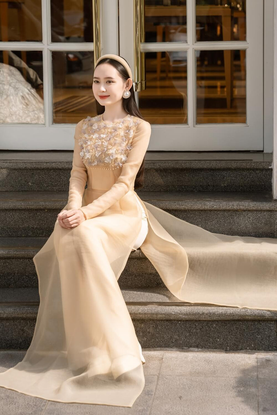 Isabelle Fitted Flower Applique Organza Long Length Ao Dai Set 6