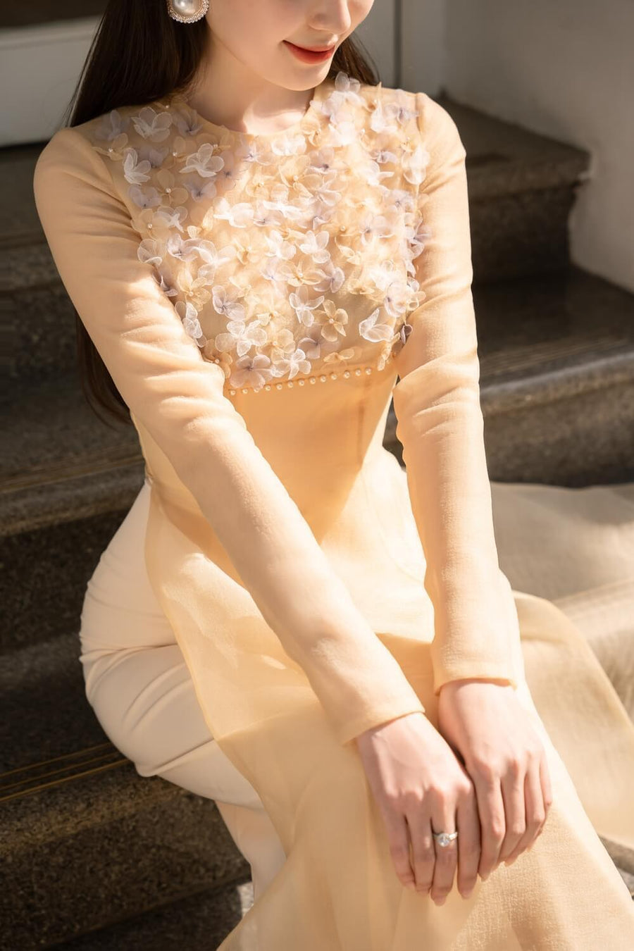 Isabelle Fitted Flower Applique Organza Long Length Ao Dai Set 7