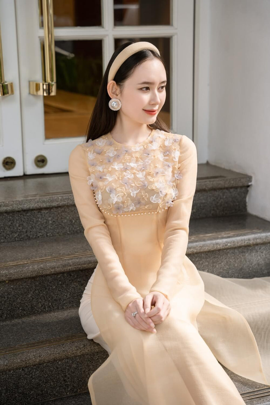 Isabelle Fitted Flower Applique Organza Long Length Ao Dai Set 8