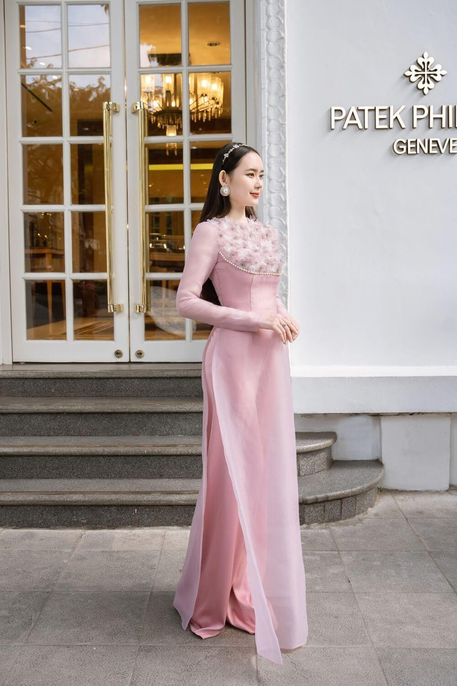 Isabelle Fitted Flower Applique Organza Long Length Ao Dai Set 9