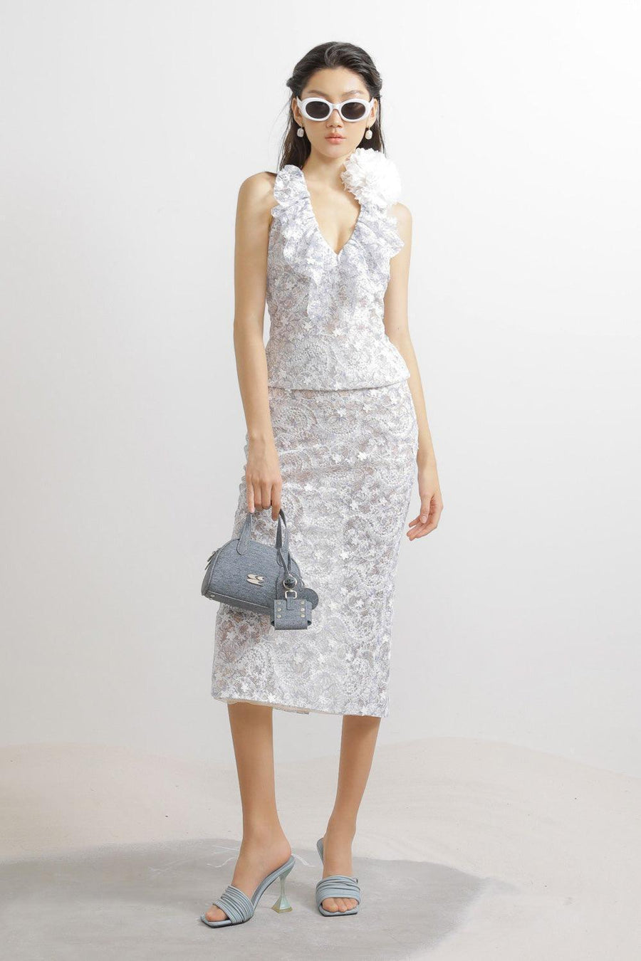 Isaias Pencil Back Slit Embroidered Lace Midi Skirt Skirt LASSY