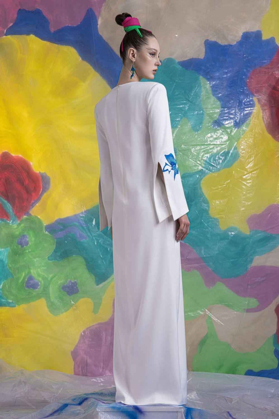 Isla Straight Long Sleeved Satin Floor Length Dress
