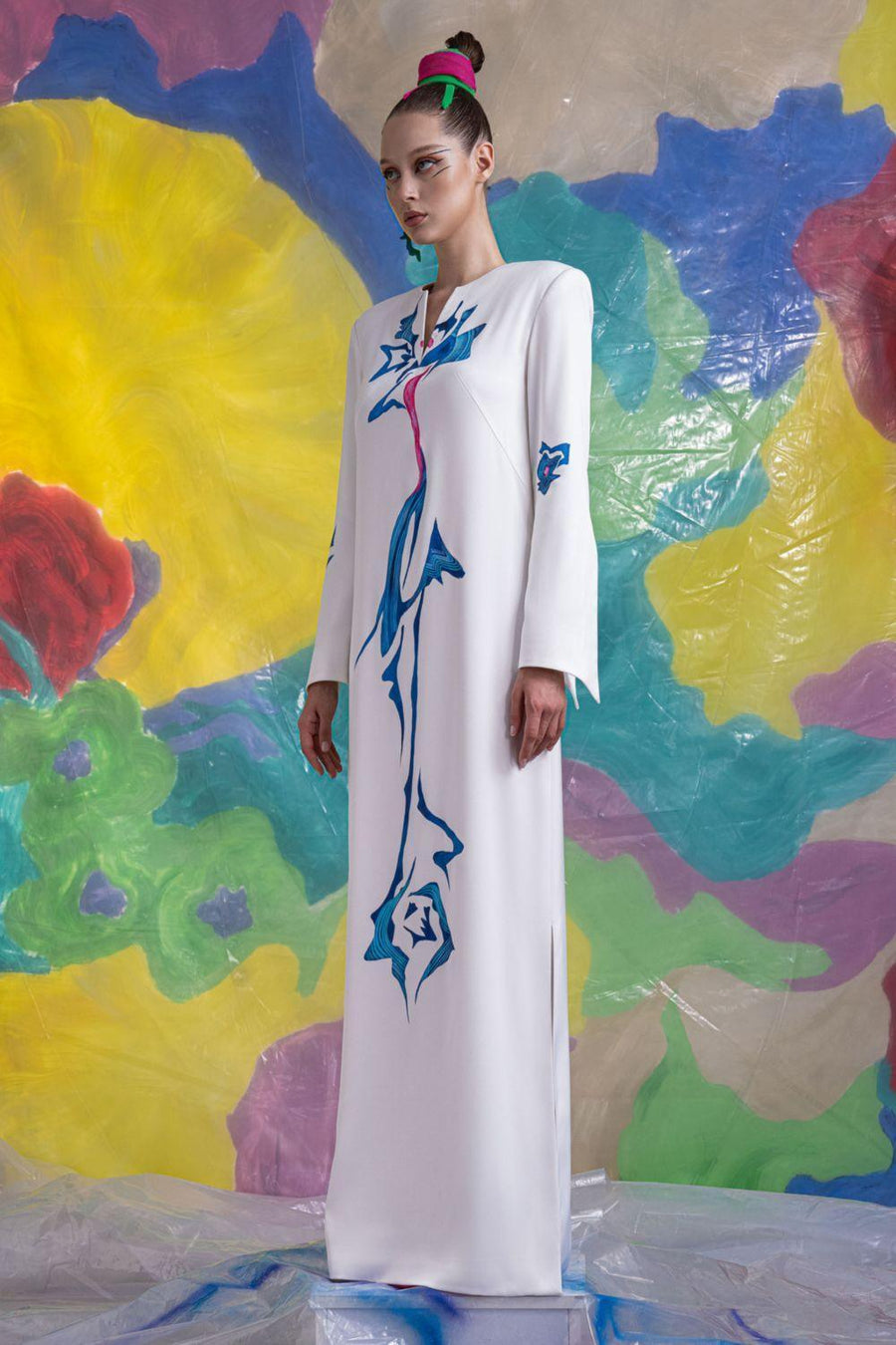 Isla Straight Long Sleeved Satin Floor Length Dress 4