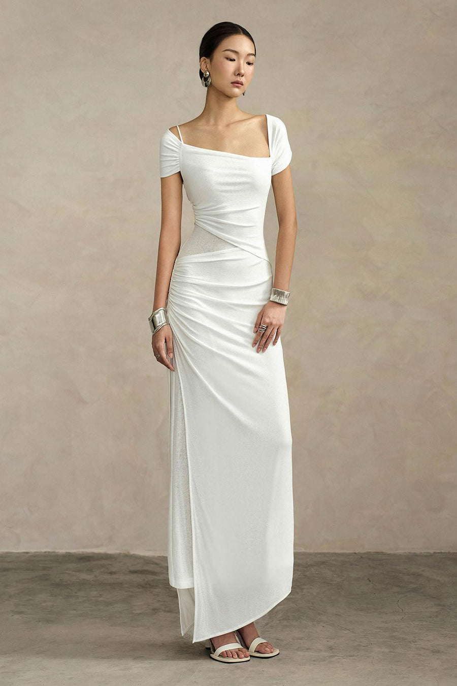 Ivory Sheath Asymmetric Neck Knit Floor Length Dress Maxi Dress Eegen Studio