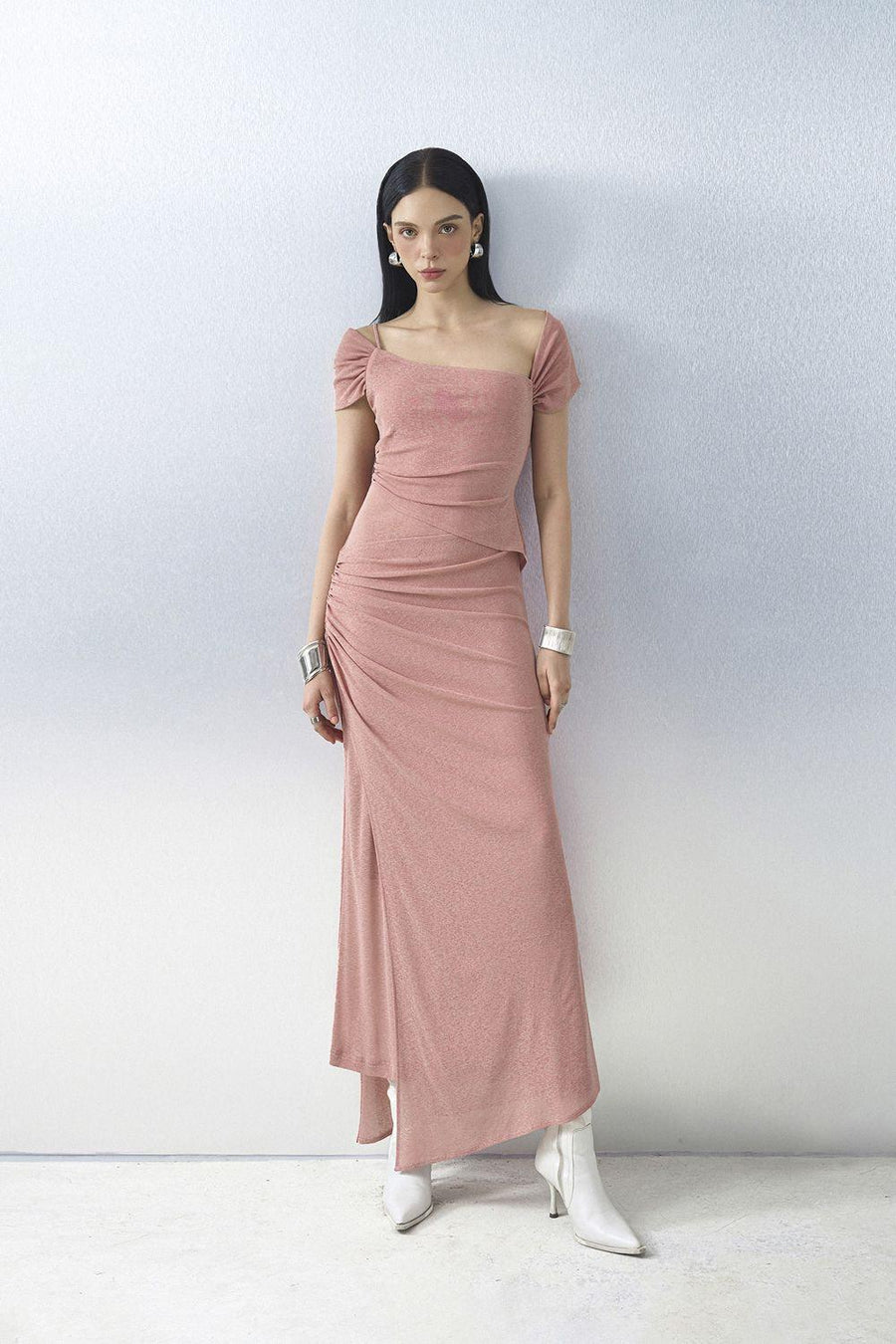 Ivory Sheath Asymmetric Neck Knit Floor Length Dress Maxi Dress Eegen Studio