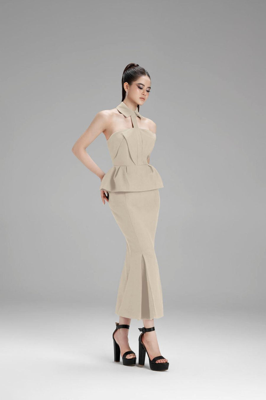 Ivy Mermaid Pleated Polycotton Midi Skirt Nude Skirt Cordia
