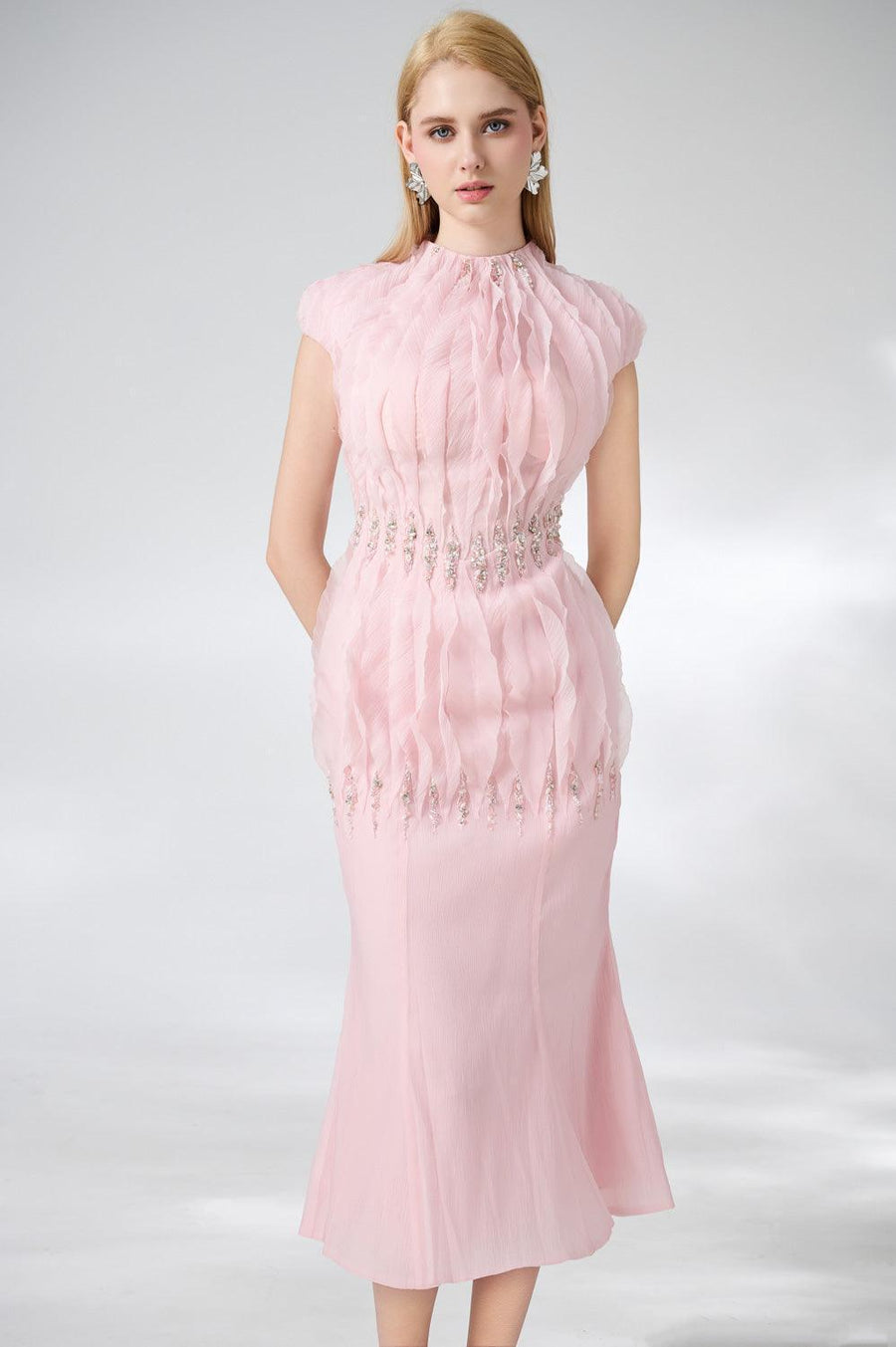 Jabari Trumpet High Neck Organza Midi Dress 2