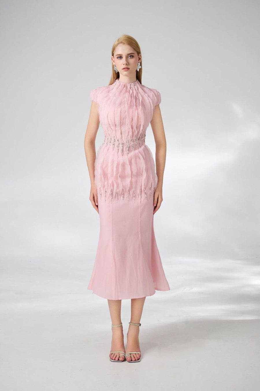 Jabari Trumpet High Neck Organza Midi Dress 8