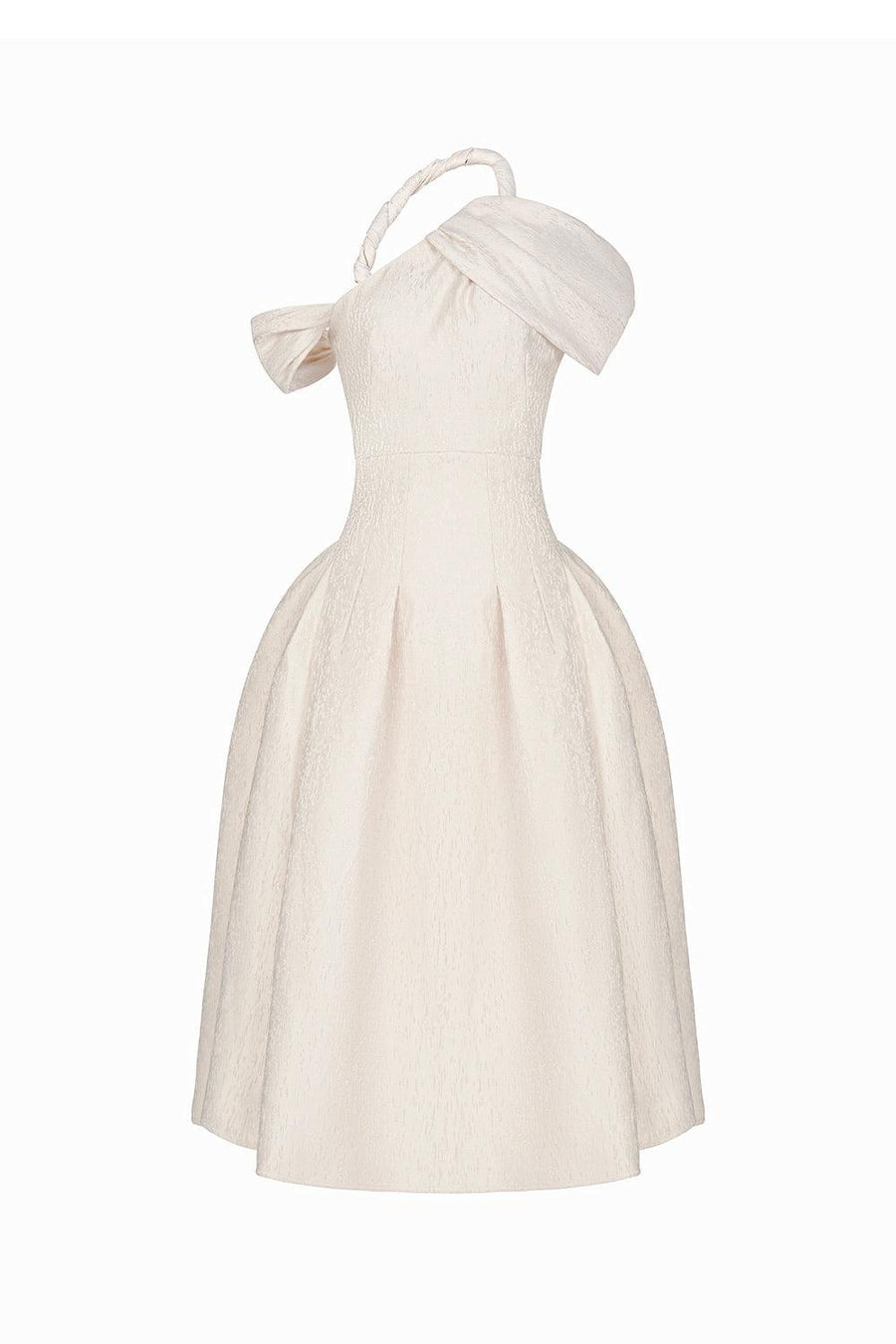 Jacqueline Fit and Flare Asymmetric Sleeved Taffeta Midi Dress Midi Dress LaLING