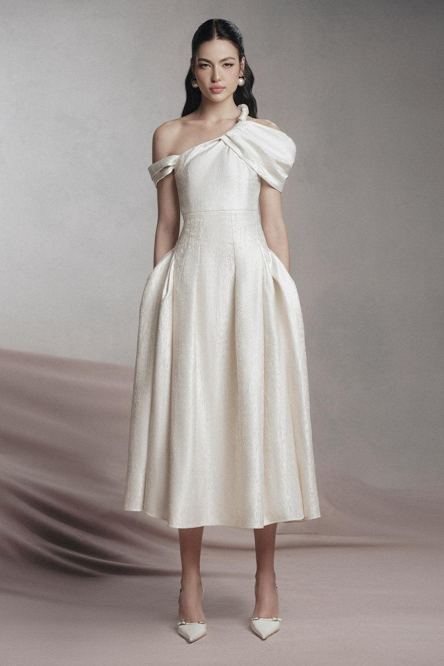 Jacqueline Fit and Flare Asymmetric Sleeved Taffeta Midi Dress Midi Dress LaLING