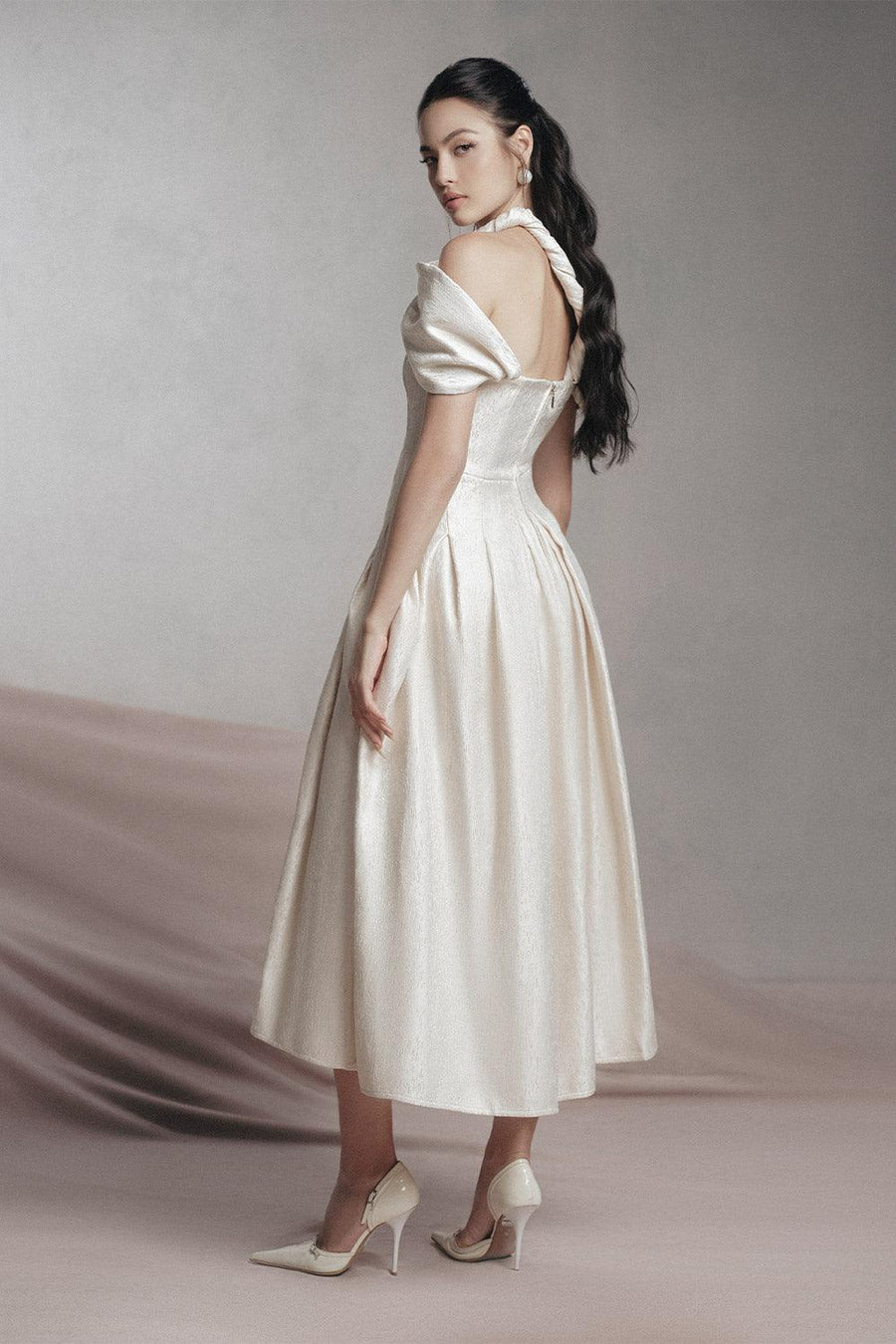 Jacqueline Fit and Flare Asymmetric Sleeved Taffeta Midi Dress Midi Dress LaLING