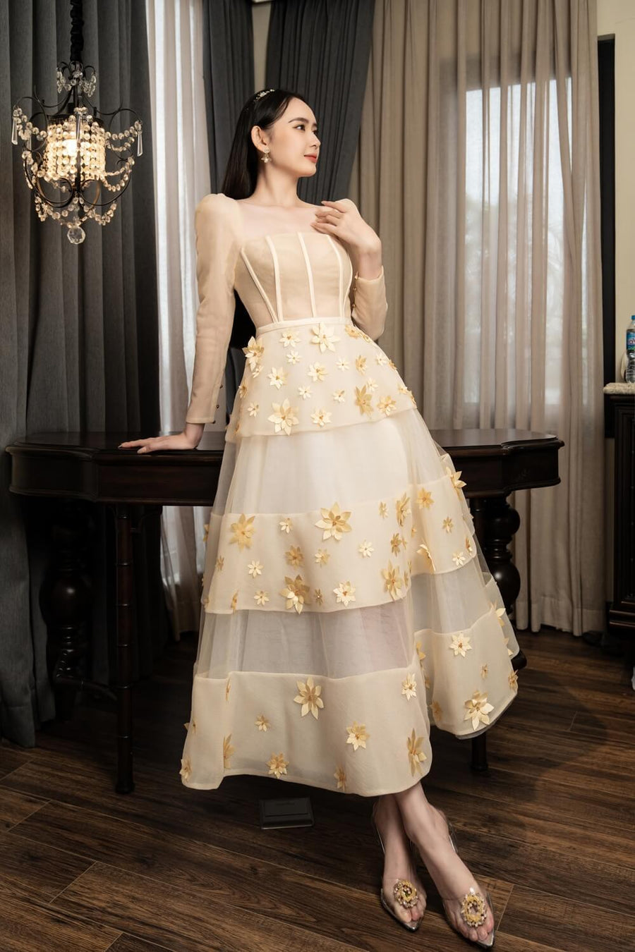 Jacqueline Fit and Flare Square Neck Organza Midi Dress 10