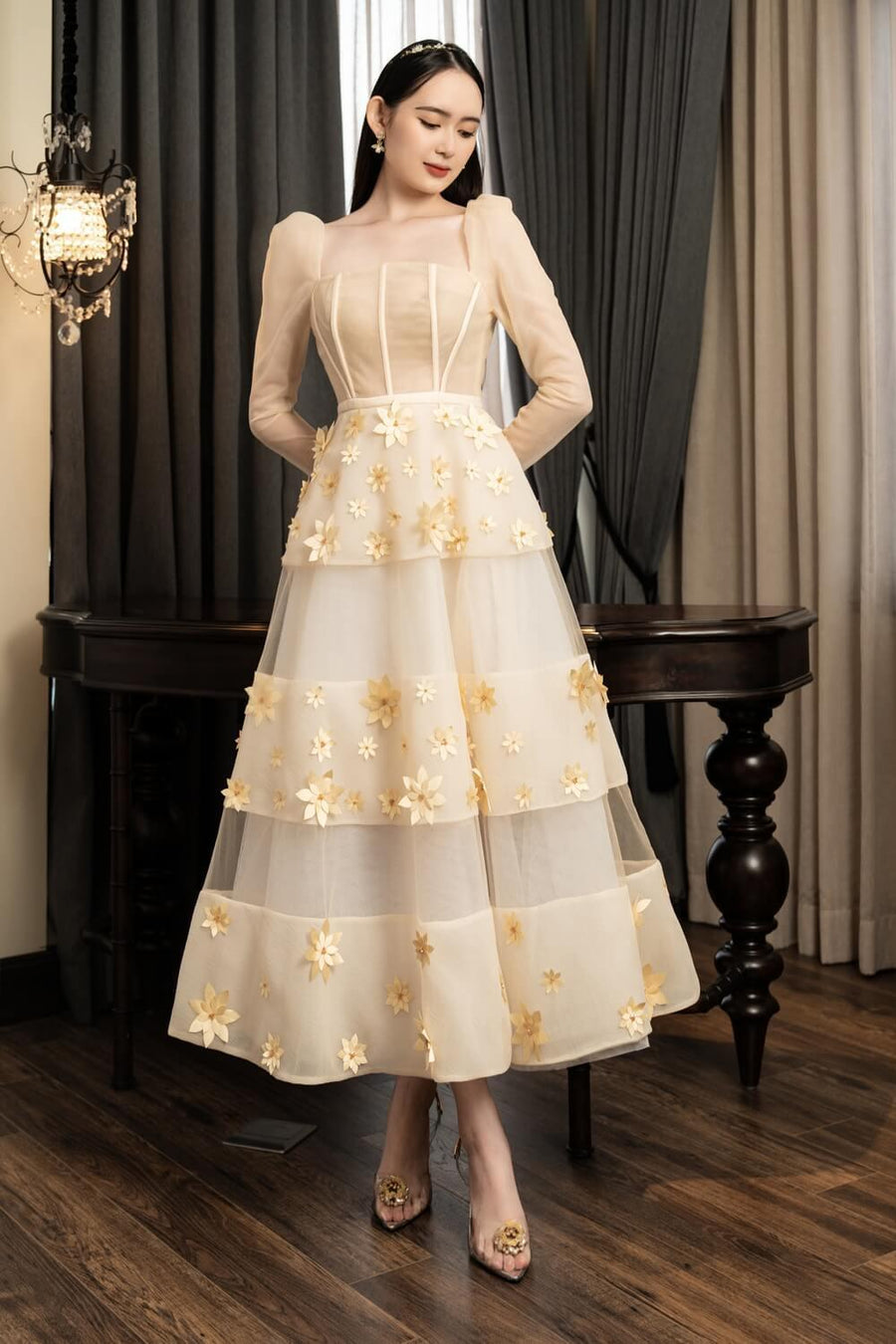 Jacqueline Fit and Flare Square Neck Organza Midi Dress 11