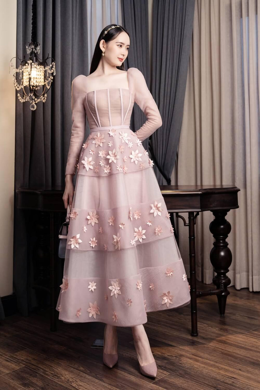 Jacqueline Fit and Flare Square Neck Organza Midi Dress 12