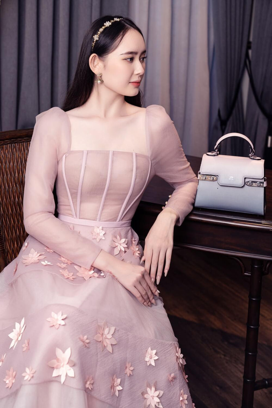 Jacqueline Fit and Flare Square Neck Organza Midi Dress 13