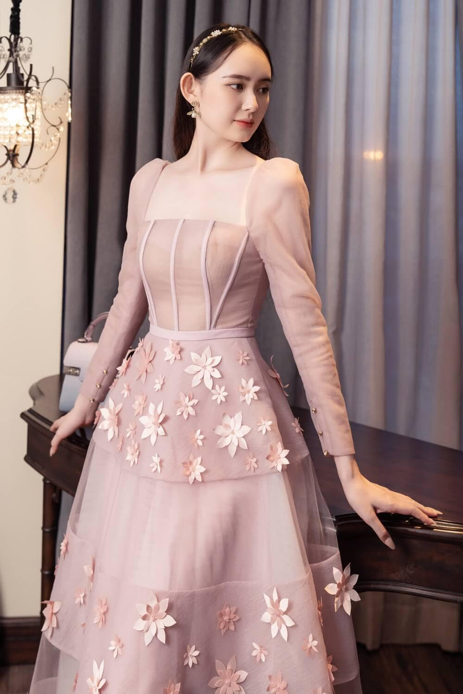 Jacqueline Fit and Flare Square Neck Organza Midi Dress 15