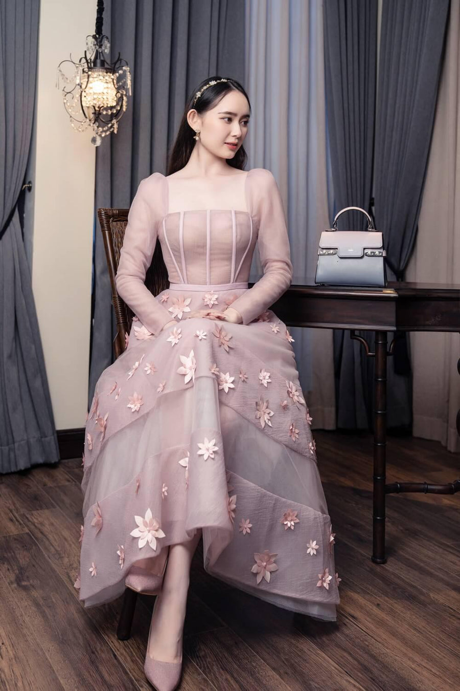 Jacqueline Fit and Flare Square Neck Organza Midi Dress 16