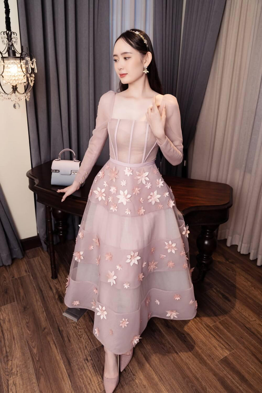 Jacqueline Fit and Flare Square Neck Organza Midi Dress 17